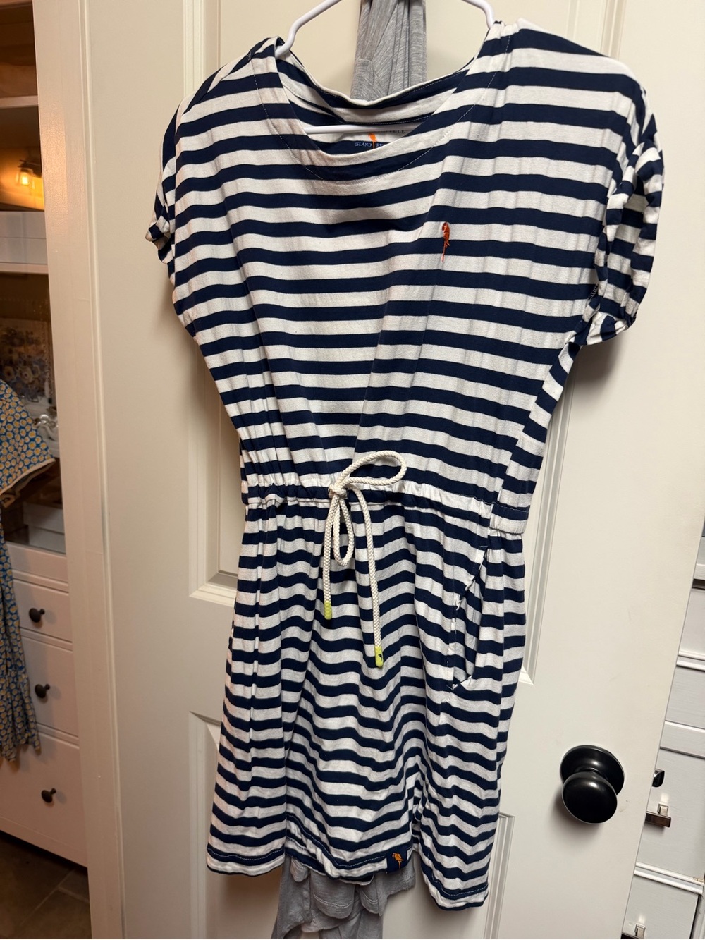 Margaritaville Navy and White Striped Drawstring Mini Dress